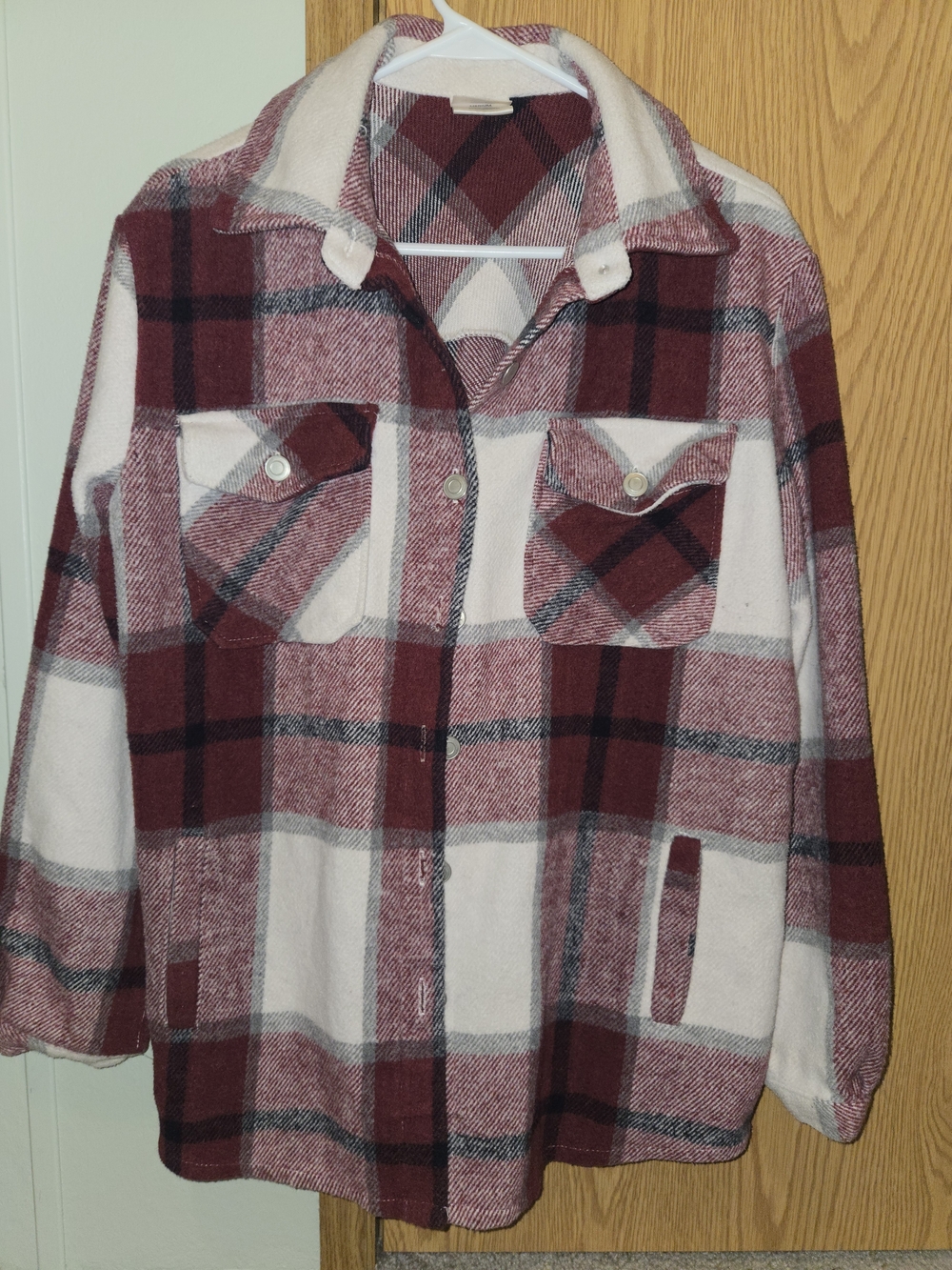 Plaid Button-Up Shacket Jacket in Burgundy and Cream